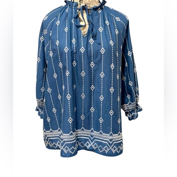 Umgee Tops - Umgee Boho Chic Embroidered Tie Front Ruffled 3/4 Sleeve Blouse size Small USA